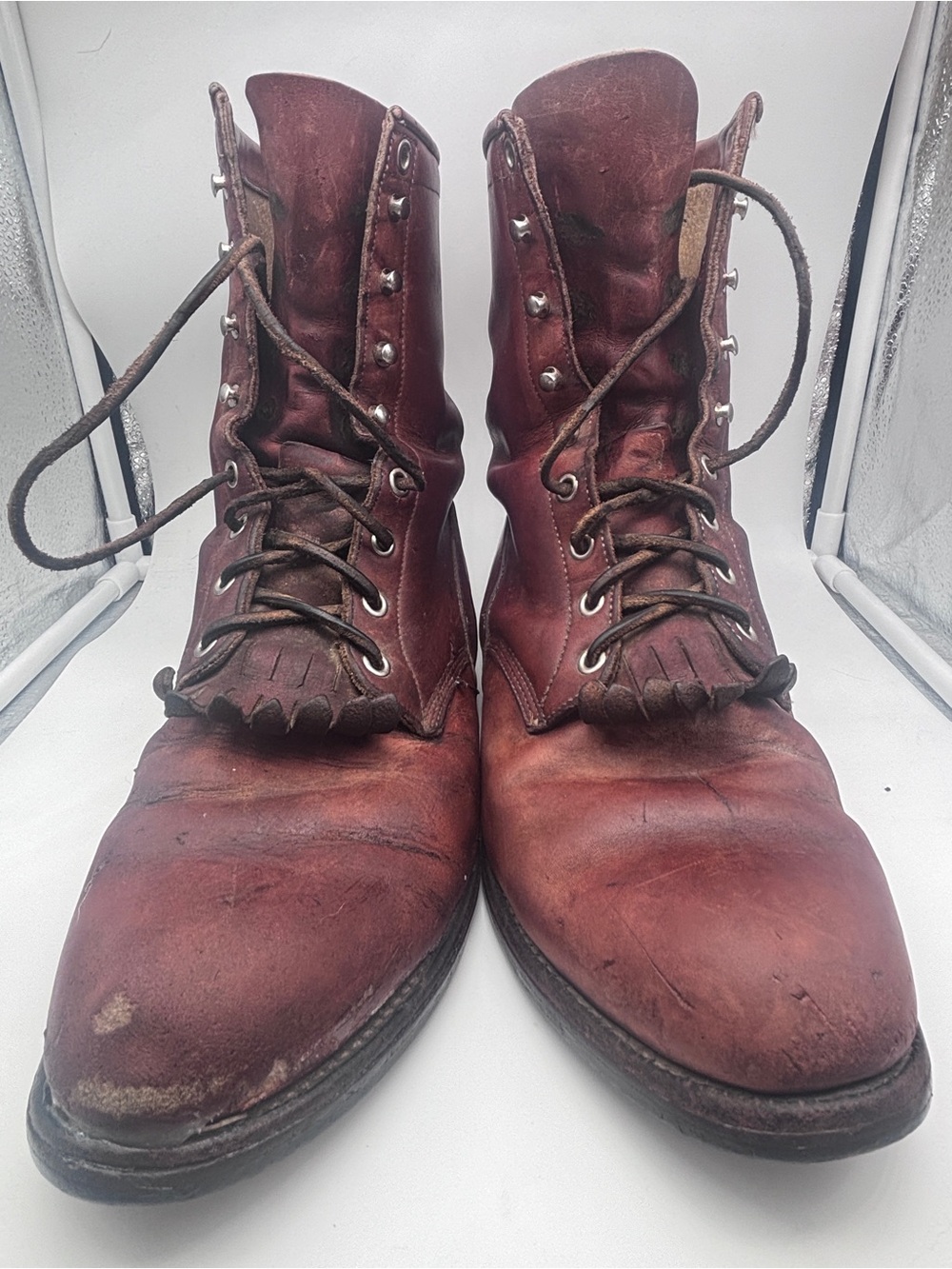 Justin Boots Red-Brown Leather Lace-Up Work Boots